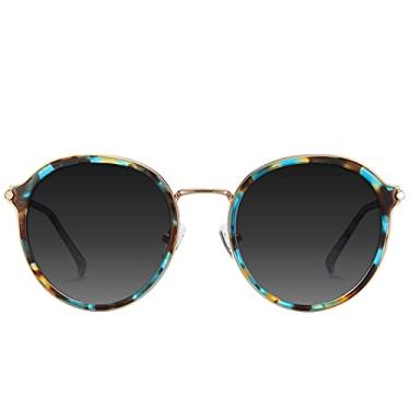 Imagem de CARFIA Óculos de sol retrô polarizados acetato para mulheres, proteção UV, óculos escuros femininos modernos de metal para sobrancelhas redondas, 3. Armação de tartaruga floral + lente cinza gradiente