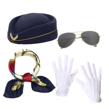 Imagem de hhdatc Conjunto de fantasia feminina de aeromoça, acessórios de aeromoça com chapéu, cachecol, óculos de sol e luvas, Azul marinho, One Size