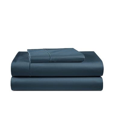 Imagem de LANE LINEN Jogo de lençol solteiro 100% algodão egípcio, macio e confortável, tecido de cetim sem fiapos, lençóis de algodão mercerizado, totalmente elástico, costura francesa reforçada – jeans escuro