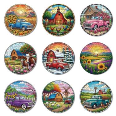 Imagem de ANATTASOUL Conjunto de 9 porta-copos com padrão de fazenda de vitral colorido porta-copos de madeira redondo presente de inauguração de casa para casa nova, proteção de mesa de café decorativa de 9,9