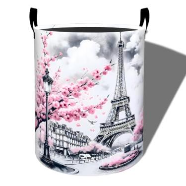 Imagem de amepay Cesta de roupa suja romântica Paris, pano Oxford dobrável em flor de cerejeira, cesto de roupas sujas à prova d'água com alças, organizador de brinquedos para banheiro, quarto, dormitório, 50 x