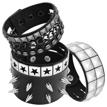 Imagem de EMORBALS Pulseira punk rock cravejada - pulseiras de couro ajustáveis para homens e mulheres - acessórios góticos grunge anos 80, Inch, Couro sintético, Sem Pedra Preciosa
