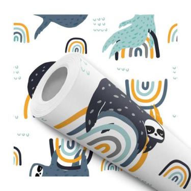 Imagem de Papel de Parede Adesivo Bicho Preguiça Arco íris Colorido Azul Amarelo