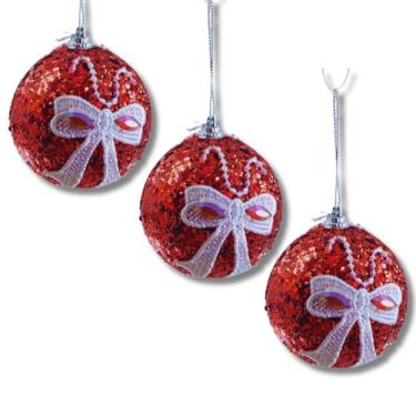 Imagem de Kit 3 Bolas de Natal Vermelhas Decoradas com glitter e com laço Branco, 8cm – Enfeites Decorativos para Árvore, Ornamentos para pendurar na Árvore de Natal, Guirlanda e Decorar as Festas de Natal
