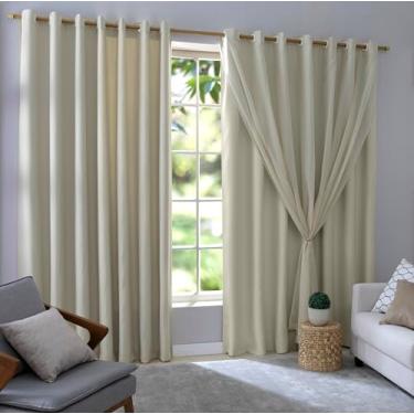 Imagem de Cortina Blackout 100% Com Voil 2,80m x 2,30m Quarto/Sala/Casa Corta Luz em Tecido com Ilhós Blecaute (Palha)