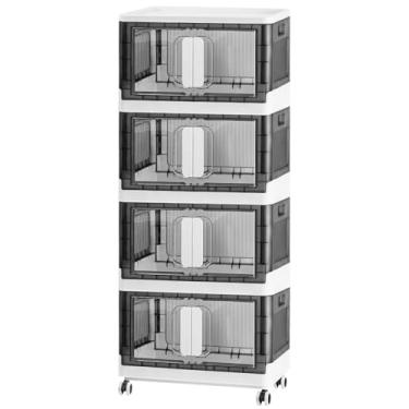 Imagem de Organizador de armazenamento dobrável com rodízios silenciosos | Design empilhável para casa e escritório, caixa de armazenamento de plástico resistente com porta transparente, 3 tamanhos (19,5/23,5