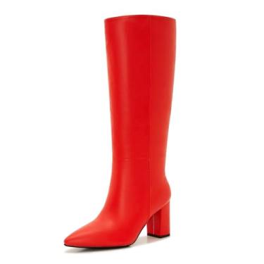 Imagem de Aizhenzm Botas de cano longo até o joelho para mulheres, plus size, zíper lateral, couro, salto grosso, bico fino, altura, Vermelho, 8 Wide