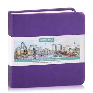 Imagem de Caderno de esboço de bolso de capa dura, 12,7 x 12,7 cm, mini caderno de esboço quadrado, 44,5 kg/160 g/m², pequeno caderno de desenho de viagem com 80 folhas, para adultos, artista, ideal para