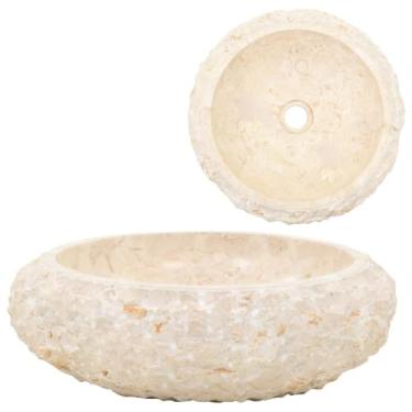 Imagem de vidaXL Bacia de banheiro, pia de vaso, pia de bancada, feita à mão, forma e tom de cor naturalmente variados, montagem fácil, creme Ø 15,7 x 4,7 mármore redondo
