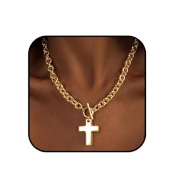 Imagem de Colar de cruz para mulheres – Colar com pingente de cruz banhado a ouro 14K grosso elegante e simples colar de cruz de ouro com fecho de botão, corrente de clipe de papel, empilhável, hipoalergênica