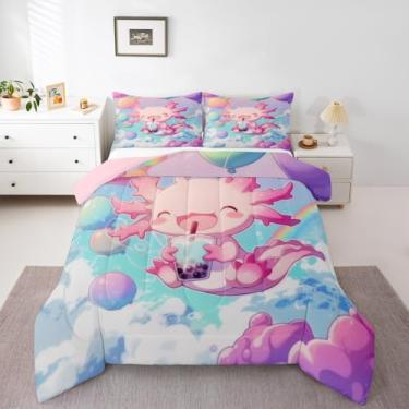 Imagem de Jogo de cama casal com estampa de salamandra marinha com estampa de salamandra marinha, lindo animal de estimação azul, oceano, tritão, para crianças, meninas, meninos, decoração de chá e leite