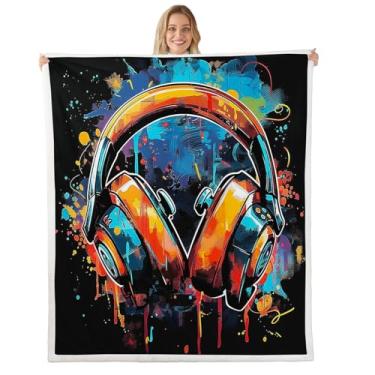 Imagem de Erosebridal Cobertor para fones de ouvido 127 x 152 cm, tema musical para fones de ouvido e mantas para crianças, meninos, meninas, cobertor de lã musical grunge colorido grafite sherpa cobertor
