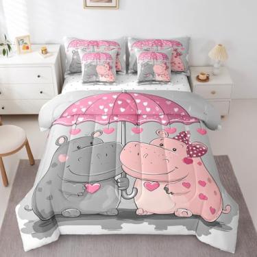 Imagem de Erosebridal Jogo de cama solteiro com estampa de hipopótamo, hipopótamo, 7 peças, desenho animado, hipopótamo, hipopótamo, lençol com edredom fofo
