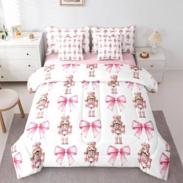 Imagem de Manfei Jogo de cama casal fofo com laço, quebra-nozes, decoração de quarto infantil, decoração de quarto infantil, rosa e branco (com elástico + 2 fronhas)
