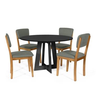 Imagem de Mesa De Jantar Redonda Montreal Preta Com 4 Cadeiras Estofadas Ella Cinza
