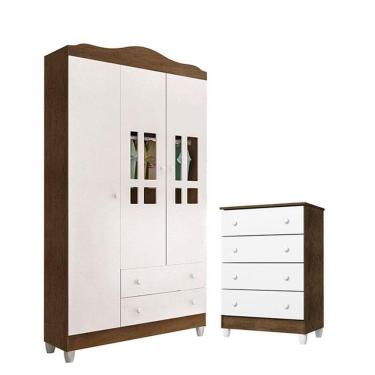 Imagem de Cômoda Gaveteiro E Guarda Roupa Ariel Branco Acetinado Amadeirado - Carolina