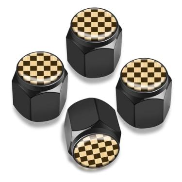 Imagem de 4 peças de tampas de haste de válvula de pneu de metal, tampas de válvula de ar universais de alumínio para carros, caminhões, SUVs, bicicletas, motocicletas, design elegante, tabuleiro de xadrez de