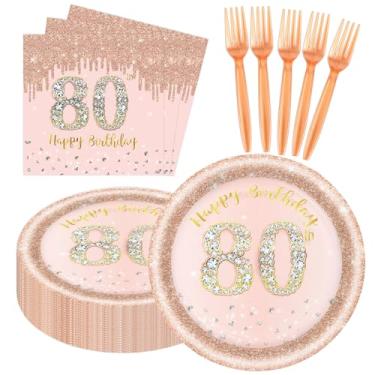 Imagem de 60 peças de decorações de aniversário de 80 anos para mulheres, pratos e guardanapos de aniversário de 80 anos, conjunto de utensílios de mesa descartáveis em ouro rosa, suprimentos de festa para