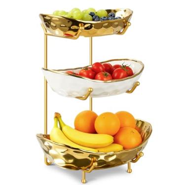 Imagem de SZSJA Tigela de frutas de 3 camadas para balcão de cozinha, cesta de frutas de cerâmica com suporte de metal, suporte de frutas em camadas para bancada para lanches, nozes, bolo, sobremesa