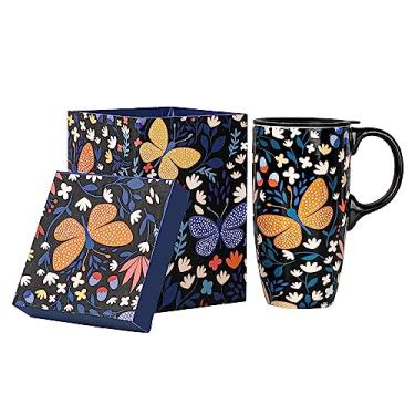 Imagem de Voltogar Caneca de viagem de café de cerâmica de 482 g com alça e tampa deslizante resistente a respingos, xícara de arte de borboleta de porcelana de grande capacidade com caixa colorida, 16,5 cm A