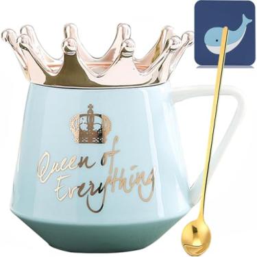 Imagem de Arawat Caneca Queen of Everything com tampa coroa 340 g copo Queen Elizabeth presente canecas de cerâmica azul presentes de aniversário para 20 30 40 50 60 70 80 90 presente feminino para namorada