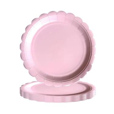 Imagem de YLOIJO 20 peças de pratos de papel rosa cor sólida 17,8 cm rosa claro recortados pratos de sobremesa descartáveis suprimentos de festa para dia dos namorados chá de bebê casamento aniversário