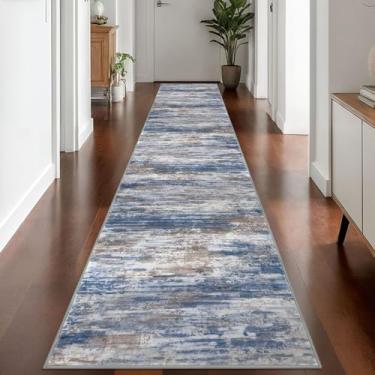 Imagem de KOZYFLY Tapete moderno abstrato lavável corredor 6 x 35 cm tapete de corredor antiderrapante macio tapete de corredor de cozinha, tapete listrado azul ferrugem para entrada, banheiro, lavanderia, hall