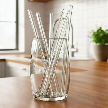 Imagem de Conjunto de 7 canudos de vidro reutilizáveis com escova de limpeza, canudos de borda lisa ecologicamente corretos para bebidas frias e quentes