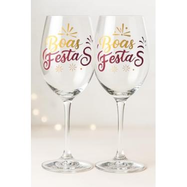 Imagem de Kit Taças de Vinho Boas Festas, Vidro Transparente com Decoração Dourada e Bordô, 300ml, Conjunto com 2 Unidades