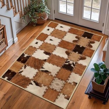 Imagem de Tapete de couro bovino para quarto, tapete de área ocidental, 7,5 x 12,7 cm, ultrafino, macio, lavável, tapetes de cozinha com estampa de vaca marrom para entrada interna, tapete antiderrapante para