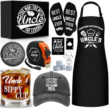Imagem de NVTROVI 14 peças Best Uncle Ever Gifts with 311.8 g Uncle's Sippy Cup Whisky Glass 4 Whiskey Stones Coaster, Avental, chapéu meia fita métrica, chaveiro, aniversário, dia dos pais, presentes de Natal
