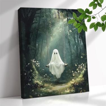 Imagem de Bawpkn Arte de parede em tela de Halloween Vintage Cute Ghost Canvas Funny Ghost on A Swing in The Forest Pôster Estético Gótico Dark Academia Halloween Pictures Decoração de parede 30,5 x 40,6 cm