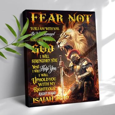Imagem de Arte de parede cristã versículos bíblicos Fear Not For I Am Pictures decoração de parede guerreiro leão escritura citação placa tela emoldurada arte arte cristã presentes para sala de estar quarto 12