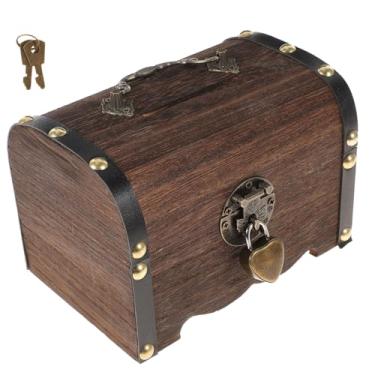 Imagem de Toyvian Caixa de tesouro de madeira, cofrinho, pequena caixa de economia de dinheiro feita à mão com cadeado criativo esculpido cofre para adultos, design vintage exclusivo, aniversários e feriados