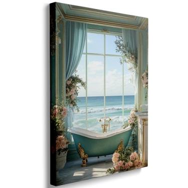 Imagem de Arte de parede de banheiro oceânico, imagens de janela de praia costeira, tela emoldurada, pintura floral, arte de parede, decoração de banheiro, banheira, azul-petróleo, impressões vintage para sala