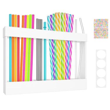 Imagem de Suporte de canudo de acrílico para armário, organizador de canudo reutilizável com fitas de montagem, recipiente de armazenamento de parede para balcão ou porta de cozinha (branco, 25,4 cm)