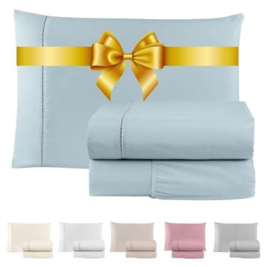 Imagem de Jogo de Lençol 600 Fios Cama Solteiro Casal Queen e King Premium Extra Macio - Roupa De Cama Antiácaro (Azul, Solteiro 3 Peças)