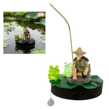 Imagem de QZAVIRE Decorações de aquário flutuante, decoração de mini aquário de pescador com folha de lótus e vara de pesca, ornamentos de aquário flutuante com alimentador interativo para peixes pequenos