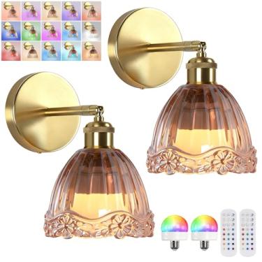 Imagem de Jaenmsa Arandela de parede vintage operada a bateria com coroa de flor âmbar abajur de vidro recarregável a bateria com controle remoto para cabeceira, quarto, banheiro, conjunto de 2
