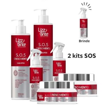 Imagem de Lizz Ante Kit SOS Crescimento Profissional, 2 Kits com Shampoo 300ml, Tratamento 300g, Spray Leave-in