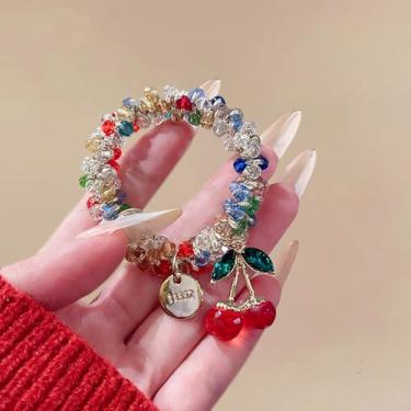 Imagem de Faixa de cabelo elástica de cereja com strass colorido para mulheres e meninas, enfeite de cabelo doce, acessório de cabelo de cristal