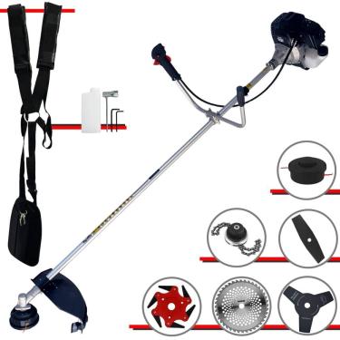 Imagem de Roçadeira À Gasolina Toyama RT43LB25A 43cc 1,7HP Alta Rotação Com Cabeçote de Nylon + Facas 2 Pontas, 3 Pontas, 6 Pontas, 40 Dentes de Vídea e Trimmer