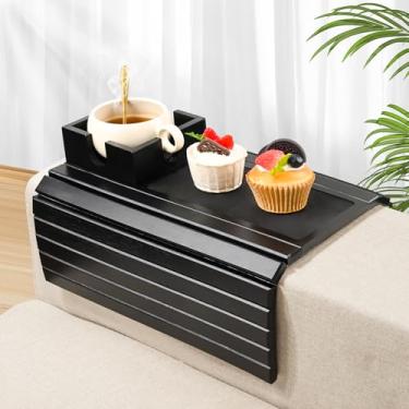 Imagem de Joy&Grace Bandeja de apoio de braço de sofá com suporte de caneca grande, bandeja de braço de sofá de bambu, suporte antiderrapante para copo de sofá, mesa dobrável para comer bebidas e celular (cor
