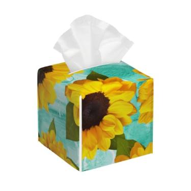 Imagem de Capa quadrada de couro para caixa de lenços de papel, impermeável, com estampa de girassol, organizador de papel facial retrô com cinto inferior, estojo de lenços para mesa, banheiro, escritório, mesa