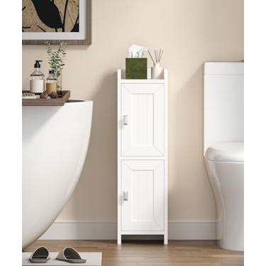 Imagem de Akxomel Armário de banheiro pequeno com 2 portas, armário estreito de armazenamento de papel higiênico, organizador de banheiro para espaços pequenos, unidade de piso de canto fino com prateleiras