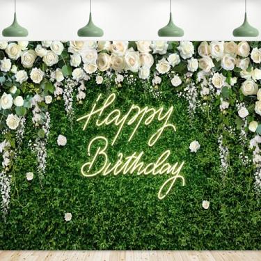 Imagem de Riyidecor Pano de fundo de aniversário com folhas verdes, tecido de poliéster, florescendo, rosa, branca, floral, elegante, vegetação, grama, parede, planta natural, 12,5 x 7,5 cm, fundo fotográfico