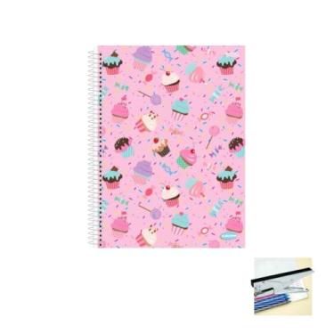 Imagem de Kit Caderno Feminino KBOM 10 Matérias 200 Folhas + Caneta Esferográfica Sortida + Grampeador Alicate