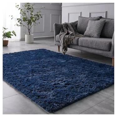 Imagem de SPXMQSS Tapete macio e longo de pelúcia para sala de estar, tapetes antiderrapantes que não caem para quarto, lavável na máquina para sala de estar, quarto, cabeceira, casa azul marinho 50 x 80 cm