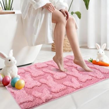 Imagem de Whaline Tapete de Páscoa 3D, tapete de banho adornado, tapete absorvente, antiderrapante, coelho, rosa, coelho, tapete de banheiro para decoração de chão de casa, 19,7 x 81,5 polegadas