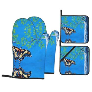 Imagem de Art Blue Dragonflies - Conjunto de luvas de cozinha estampadas com suportes de tampa, luvas de forno resistentes ao calor para lidar com panelas quentes, grelhar, churrascos, kit de 4 peças.